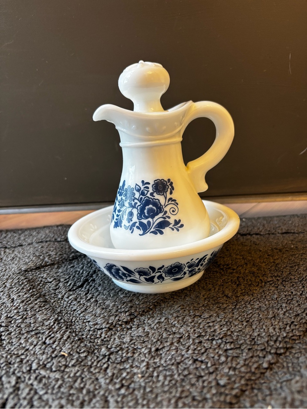 Vintage Avon Delft Blue Mill Glass Pitcher and Bowl Set